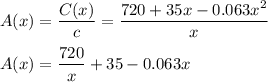 A(x) = \dfrac{C(x)}{c} = \dfrac{720 + 35x-0.063x^2}{x}\\\\A(x) = \dfrac{720}{x} + 35 -0.063x