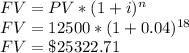 FV=PV*(1+i)^n\\FV=12500*(1+0.04)^{18}\\FV=\$25322.71