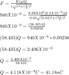 F = \frac{K(q)Q}{r\sqrt{r^2 +(\frac{L}{2})^2} } \\\\940 X 10^{-6}= \frac{8.99 X10^ 9(6.5X10^{-9})Q}{0.04\sqrt{(0.04)^2 +(\frac{0.1}{2})^2}} \\\\940 X 10^{-6} =\frac{(58.435)Q}{0.00256} \\\\(58.435)Q = 940 X 10^{-6} *0.00256\\\\(58.435)Q = 2.406X10^{-6}\\\\Q =\frac{2.406X10^{-6}}{58.435}\\\\ Q = 4.118 X10^{-8} C= 41.18 nC