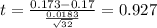 t=\frac{0.173-0.17}{\frac{0.0183}{\sqrt{32}}}=0.927