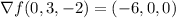 \nabla f(0,3,-2)=(-6,0,0)
