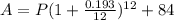 A=P(1 + \frac{0.193}{12})^{12}+84