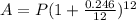 A=P(1 + \frac{0.246}{12})^{12}