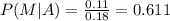 P(M|A)= \frac{0.11}{0.18}= 0.611