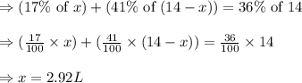\Rightarrow (17\% \text{ of }x)+(41\% \text{ of }(14-x))=36\%\text{ of }14\\\\\Rightarrow (\frac{17}{100}\times x)+(\frac{41}{100}\times (14-x))=\frac{36}{100}\times 14\\\\\Rightarrow x=2.92L