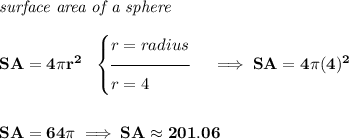 \bf \textit{surface area of a sphere}\\\\ SA=4\pi r^2~~ \begin{cases} r=radius\\[-0.5em] \hrulefill\\ r= 4 \end{cases}\implies SA=4\pi (4)^2 \\\\\\ SA=64\pi \implies SA\approx 201.06