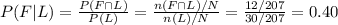 P(F|L)=\frac{P(F\cap L)}{P(L)} =\frac{n(F\cap L)/N}{n(L)/ N}= \frac{12/207}{30/207} =0.40