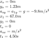 x_{o}=0m\\ y_{o}=1.23m\\a_{oy}=a_{1y}=g=-9.8m/s^{2} \\x_{1}=67.0m\\y_{1}=0m\\t_{o}=0\\a_{ox}=m/s^{2} \\t_{1}=4.50s