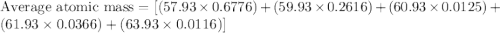 \text{Average atomic mass}=[(57.93\times 0.6776)+(59.93\times 0.2616)+(60.93\times 0.0125)+(61.93\times 0.0366)+(63.93\times 0.0116)]