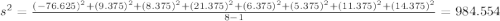 s^2 =\frac{(-76.625)^2 +(9.375)^2 +(8.375)^2 +(21.375)^2 +(6.375)^2 +(5.375)^2 + (11.375)^2 +(14.375)^2}{8-1} = 984.554