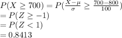 P(X\geq 700)=P(\frac{X-\mu}{\sigma}\geq  \frac{700-800}{100})\\=P(Z\geq  -1)\\=P(Z
