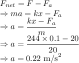 F_{net}=F-F_a\\\Rightarrow ma=kx-F_a\\\Rightarrow a=\dfrac{kx-F_a}{m}\\\Rightarrow a=\dfrac{244\times 0.1-20}{20}\\\Rightarrow a=0.22\ \text{m/s}^2