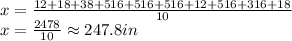 x=\frac{12+18+38+516+516+516+12+516+316+18}{10}\\x =\frac{2478}{10} \approx 247.8 in