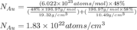 N_{Au}=\frac{(6.022\times 10^{23}atoms/mol)\times 48\%}{(\frac{48\%\times 196.97g/mol}{19.32g/cm^3})+(\frac{196.97g/mol\times 58\%}{10.49g/cm^3})}\\\\N_{Au}=1.83\times 10^{22}atoms/cm^3