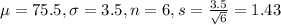 \mu = 75.5, \sigma = 3.5, n = 6, s = \frac{3.5}{\sqrt{6}} = 1.43