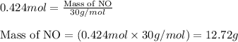 0.424mol=\frac{\text{Mass of NO}}{30g/mol}\\\\\text{Mass of NO}=(0.424mol\times 30g/mol)=12.72g