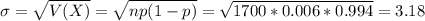 \sigma = \sqrt{V(X)} = \sqrt{np(1-p)} = \sqrt{1700*0.006*0.994} = 3.18