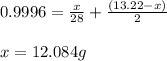 0.9996=\frac{x}{28}+\frac{(13.22-x)}{2}\\\\x=12.084g