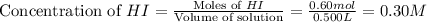 \text{Concentration of }HI=\frac{\text{Moles of }HI}{\text{Volume of solution}}=\frac{0.60mol}{0.500L}=0.30M