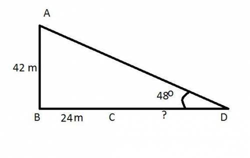A vertical flagpole, AB,has a height of 42m. The points B, C and D lie on level ground, and BCD is a