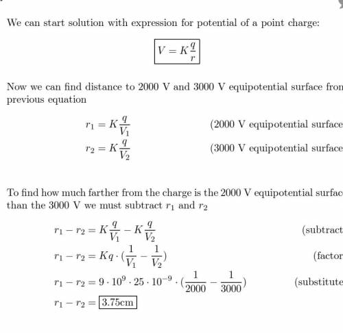 How much farther from the charge is the 2000 v equipotential surface than the 3000 v surface?