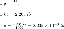 1\ g=\frac{1kg}{1000}\\\\1\ kg=2.205\ lb\\\\1\ g=\frac{2.205\ lb}{1000}=2.205\times10^{-3}\ lb