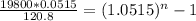 \frac{19800*0.0515}{120.8} = (1.0515)^{n} - 1