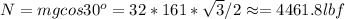 N = mgcos30^o = 32*161*\sqrt{3}/2 \approx = 4461.8 lbf
