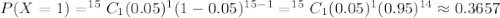 P(X=1)=^{15}C_{1}(0.05)^{1}(1-0.05)^{15-1}=^{15}C_{1}(0.05)^{1}(0.95)^{14}\approx 0.3657