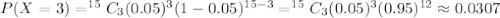 P(X=3)=^{15}C_{3}(0.05)^{3}(1-0.05)^{15-3}=^{15}C_{3}(0.05)^{3}(0.95)^{12}\approx 0.0307