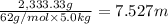 \frac{2,333.33 g}{62 g/mol\times 5.0 kg}=7.527 m