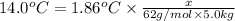 14.0^oC=1.86^oC\times \frac{x}{62 g/mol\times 5.0 kg}