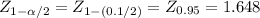 Z_{1-\alpha /2}= Z_{1-(0.1/2)}= Z_{0.95}= 1.648