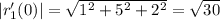 |r'_1(0)|=\sqrt{1^2+5^2+2^2} =\sqrt{30}
