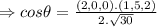 \Rightarrow cos \theta =\frac{(2,0,0).(1,5,2)}{2.\sqrt{30} }