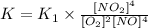 K=K_1\times \frac{[NO_2]^4}{[O_2]^2[NO]^4}
