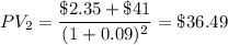 PV_2=\dfrac{\$ 2.35+\$41}{(1+0.09)^2}=\$ 36.49