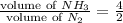 \frac{\textrm{volume of }NH_3}{\textrm{volume of }N_2} =\frac{4}{2}
