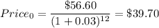 Price_0=\dfrac{\$ 56.60}{(1+0.03)^{12}}=\$39.70