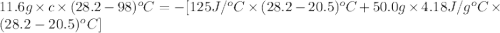11.6g\times c\times (28.2-98)^oC=-[125J/^oC\times (28.2-20.5)^oC+50.0g\times 4.18J/g^oC\times (28.2-20.5)^oC]