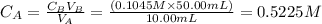C_{A}=\frac{C_{B}V_{B}}{V_{A}}=\frac{(0.1045M\times 50.00mL)}{10.00mL}=0.5225M