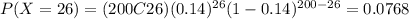 P(X=26) = (200C26) (0.14)^{26} (1-0.14)^{200-26} = 0.0768
