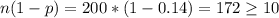 n(1-p)=200*(1-0.14)=172 \geq 10