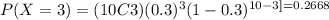 P(X=3) = (10C3) (0.3)^3 (1-0.3)^{10-3]= 0.2668