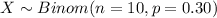 X \sim Binom(n=10, p=0.30)
