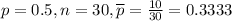 p = 0.5, n = 30, \overline{p} = \frac{10}{30} = 0.3333