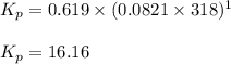 K_p=0.619\times (0.0821\times 318)^{1}\\\\K_p=16.16