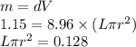 m = dV\\1.15 = 8.96 \times (L\pi r^2)\\L\pi r^2 = 0.128