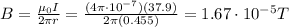 B=\frac{\mu_0 I}{2\pi r}=\frac{(4\pi \cdot 10^{-7})(37.9)}{2\pi (0.455)}=1.67\cdot 10^{-5} T