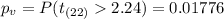 p_v =P(t_{(22)}2.24)=0.01776